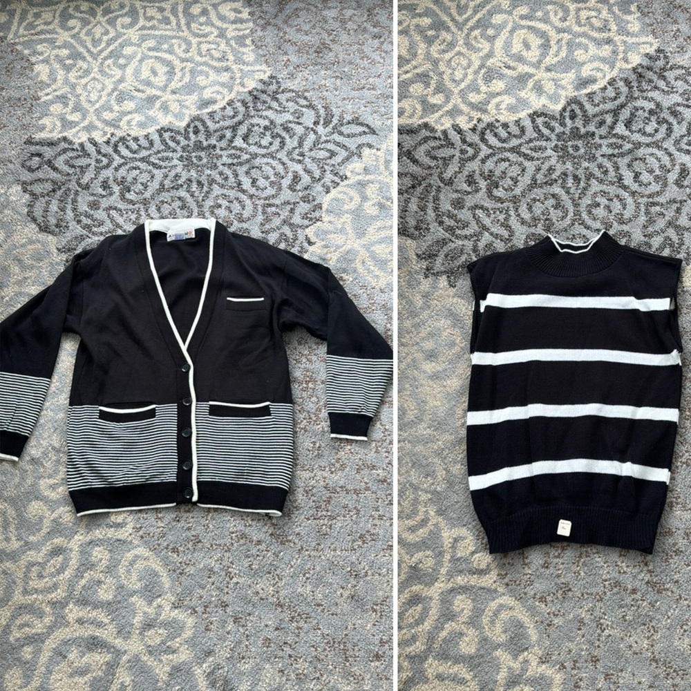 Vintage A’Milano Striped Cardigan/Sleeveless Mockneck Sweater Black White Medium